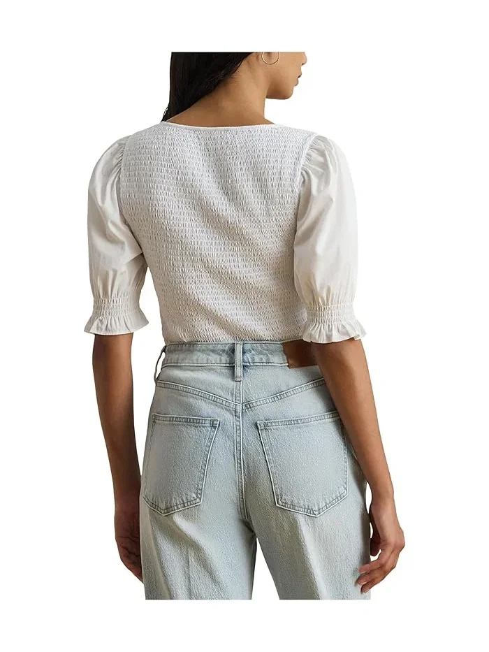 Топ с завышенной талией Smocked Cotton Jersey Puff-Sleeve Lauren Ralph Lauren — изображение 3 из 5, белый