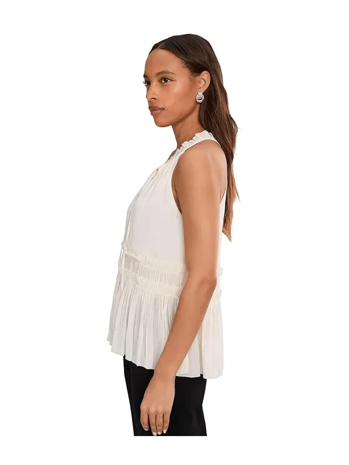 Топ без рукавов с рюшами Sleeveless Woven Top With Ruffles Liverpool Los Angeles — изображение 3 из 5, кремовый/синий мульти