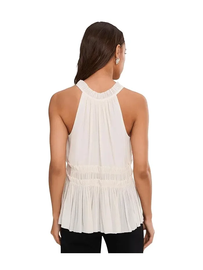 Топ без рукавов с рюшами Sleeveless Woven Top With Ruffles Liverpool Los Angeles — изображение 4 из 5, кремовый/синий мульти