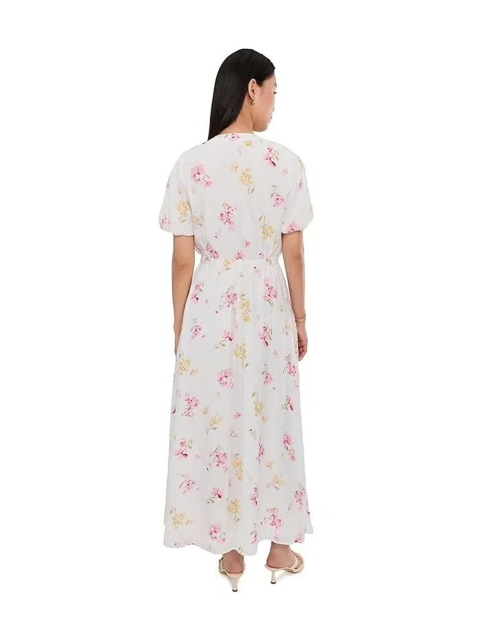 Платье макси с цветочным принтом Split Neck Puff Sleeve Maxi Dress Vince Camuto — изображение 4 из 5, кремовый