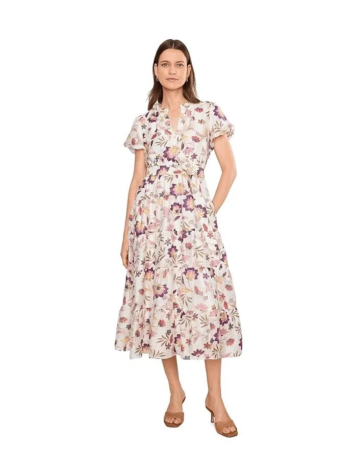 Платье миди с цветочным принтом Notch Neck Midi With Puff Sleeves Vince Camuto