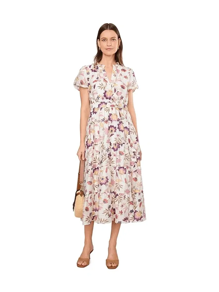 Платье миди с цветочным принтом Notch Neck Midi With Puff Sleeves Vince Camuto — изображение 2 из 5, насыщенный черный