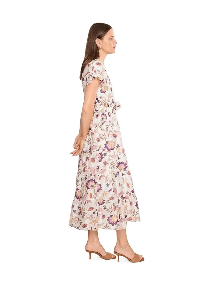 Платье миди с цветочным принтом Notch Neck Midi With Puff Sleeves Vince Camuto — изображение 3 из 5, насыщенный черный