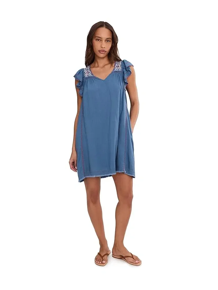Платье с вышивкой Flutter Sleeve V-Neck Woven Dress Liverpool Los Angeles — изображение 2 из 5, синий