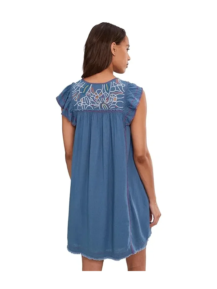 Платье с вышивкой Flutter Sleeve V-Neck Woven Dress Liverpool Los Angeles — изображение 4 из 5, синий