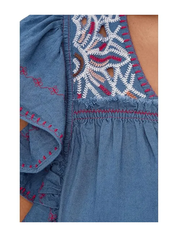Платье с вышивкой Flutter Sleeve V-Neck Woven Dress Liverpool Los Angeles — изображение 5 из 5, синий