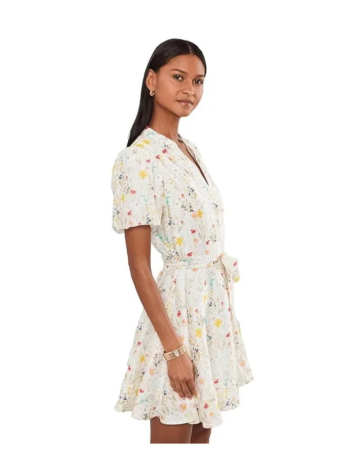 Платье мини с принтом Puff Sleeve Aline Belted Mini Dress Vince Camuto — изображение 3 из 5, белый
