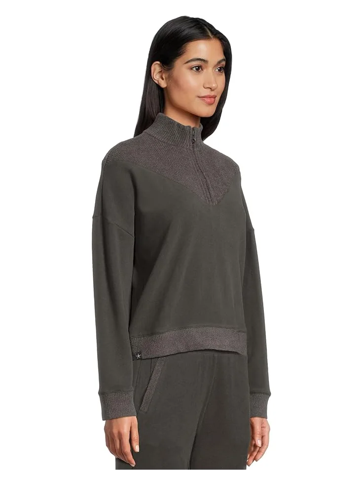 Женский худи Barefoot Dreams Brushed Fleece With Cozychic Ultra Lite Rib 1/2 Zip Pullover — изображение 2 из 5, угольный