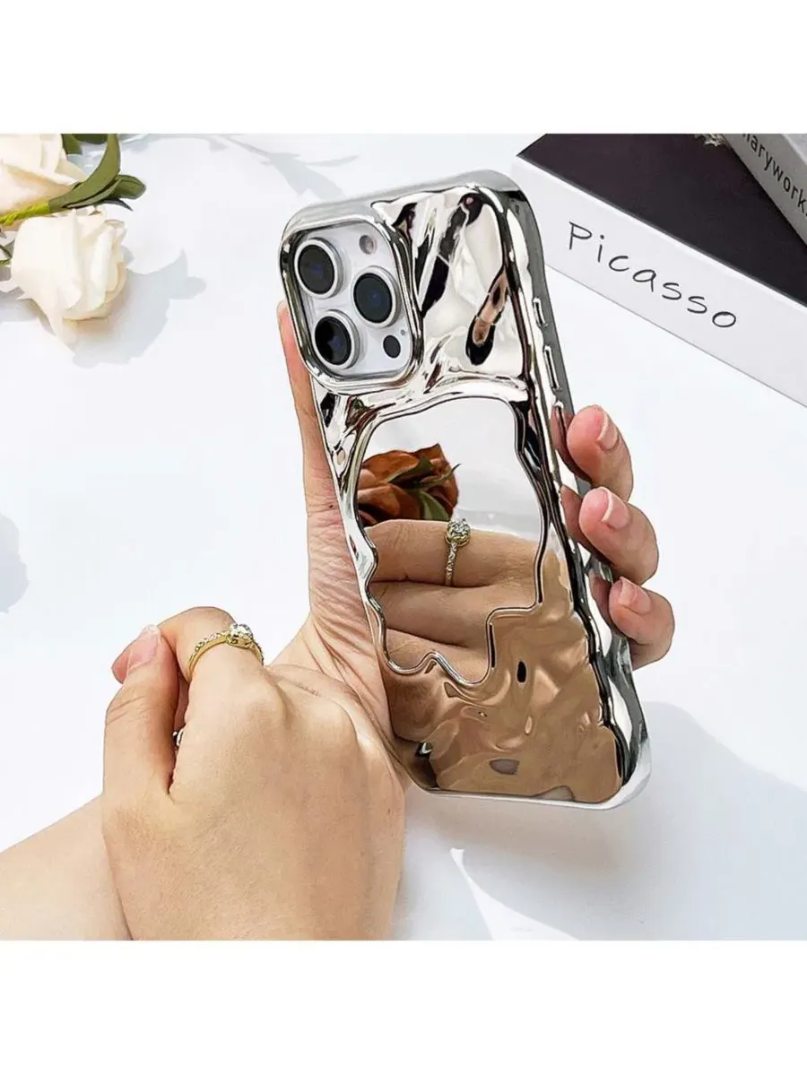 Чехол для iPhone 16 Pro с зеркальным эффектом Flowy Mirror Auramma — изображение 3 из 6, серебряный