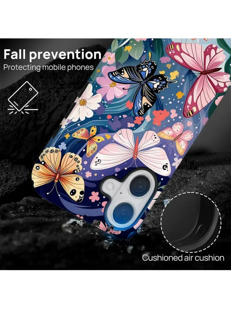 Чехол для iPhone 17, двухслойный ударопрочный, с цветочным принтом GONEZ, Butterflies Flowers — изображение 2 из 6