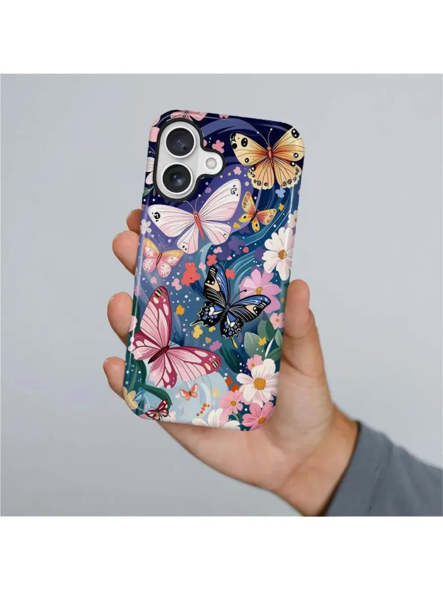 Чехол для iPhone 17, двухслойный ударопрочный, с цветочным принтом GONEZ, Butterflies Flowers — изображение 4 из 6