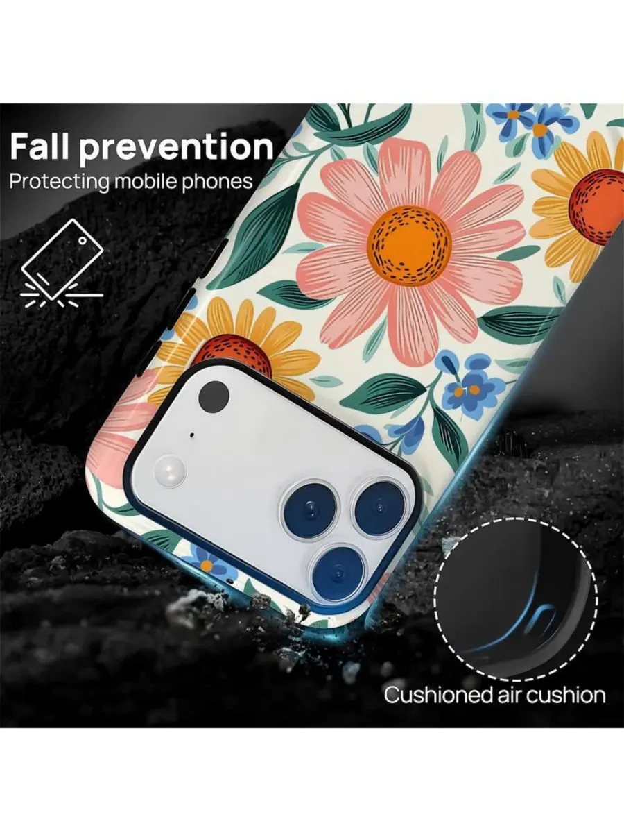 Чехол для iPhone 17 Pro Max, двухслойный ударопрочный, с цветочным принтом GONEZ, Retro Flowers — изображение 2 из 7