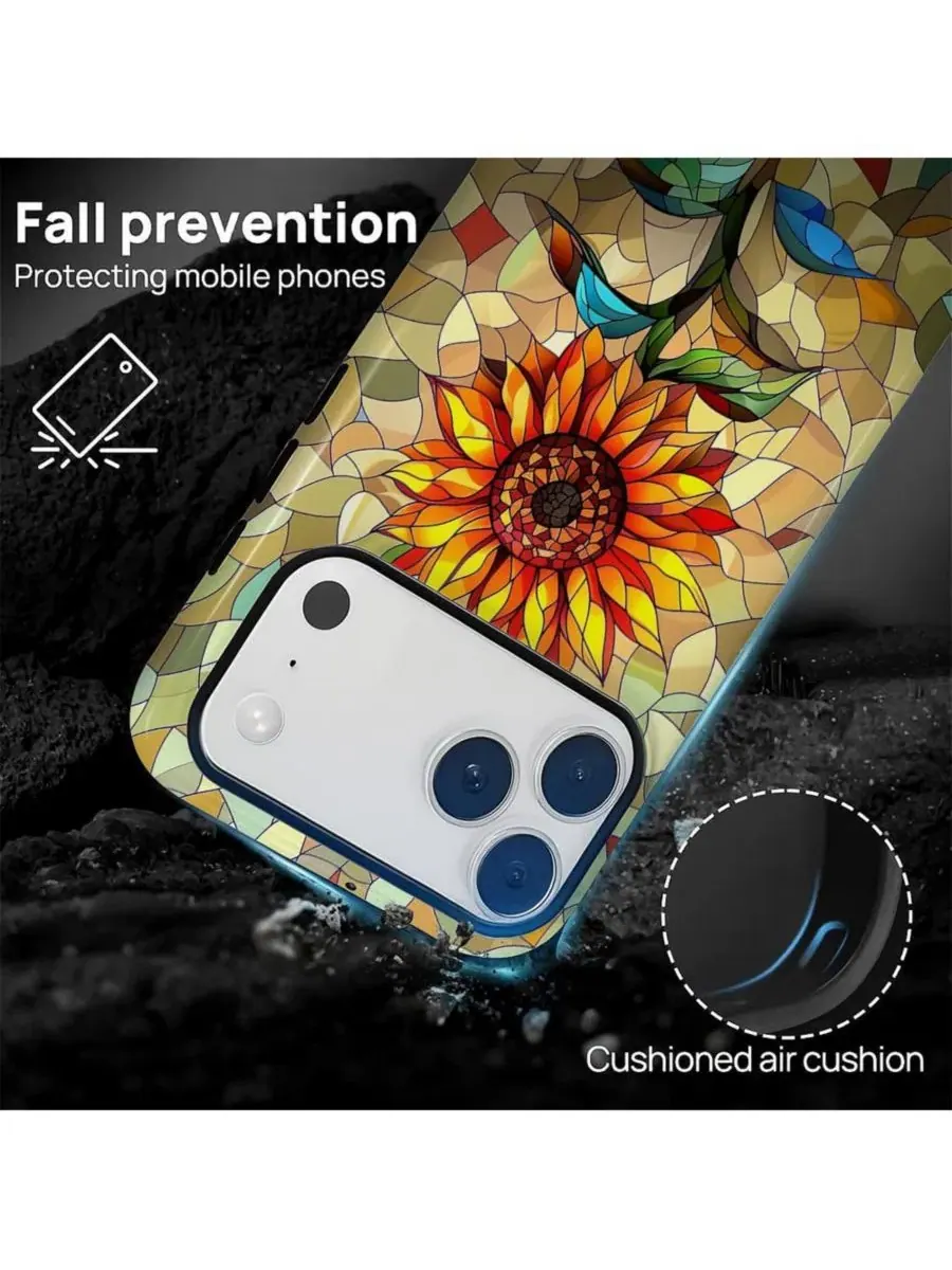 Чехол для iPhone 17 Pro, двухслойный ударопрочный, с принтом GONEZ, Glass Sunflower — изображение 2 из 7