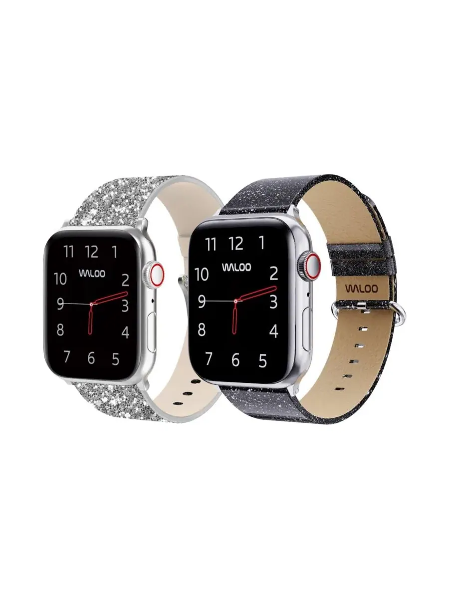 Комплект ремешков для Apple Watch с блестками и кожей, 2 шт. Waloo — изображение 1 из 6, серебристый черный