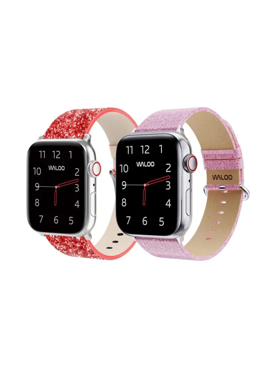 Комплект ремешков для Apple Watch, кожаных с блестками Waloo — розовый