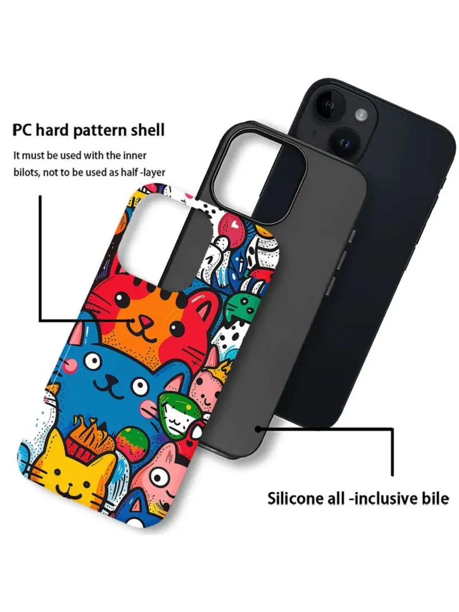 Чехол для iPhone 14 Plus, 2-в-1 двухслойный ударопрочный, с принтом Funny Cat Art GONEZ, Happy Cat — изображение 2 из 7