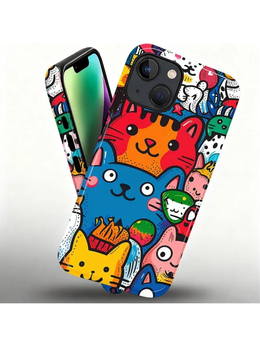 Чехол для iPhone 14 Plus, 2-в-1 двухслойный ударопрочный, с принтом Funny Cat Art GONEZ, Happy Cat — изображение 3 из 7