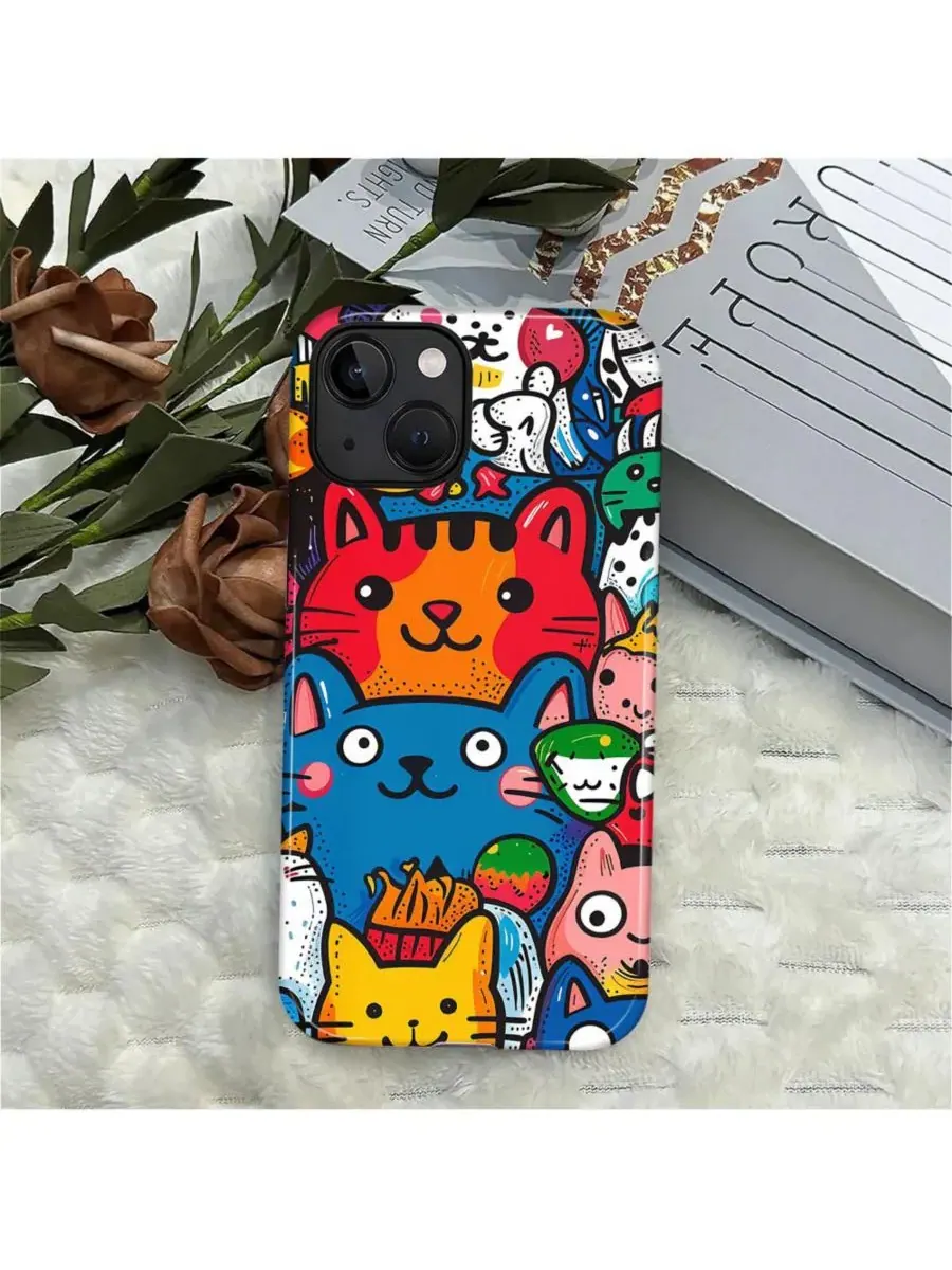 Чехол для iPhone 14 Plus, 2-в-1 двухслойный ударопрочный, с принтом Funny Cat Art GONEZ, Happy Cat — изображение 4 из 7