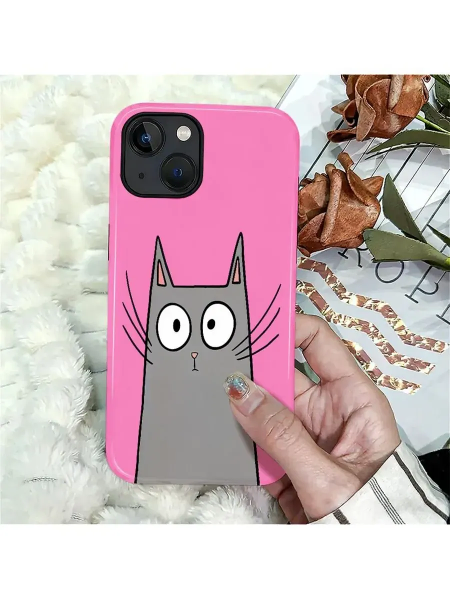Чехол для iPhone 14 Plus, двухслойный ударопрочный, с принтом Funny Cat Art GONEZ, Shy Cat — изображение 7 из 7