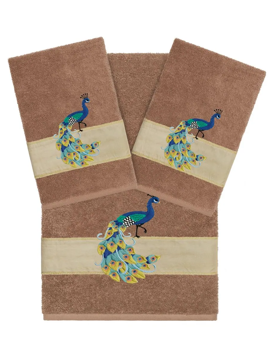 Набор из 3 банных полотенец «Пенелопа» из турецкого хлопка с вышивкой Linum Home — изображение 1 из 6, бежевый