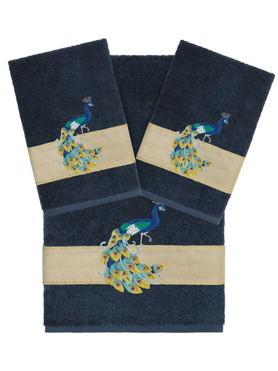 Набор из 3 банных полотенец из турецкого хлопка с вышивкой "Пенелопа" Linum Home, Navy, 3 Piece Set — изображение 1 из 6