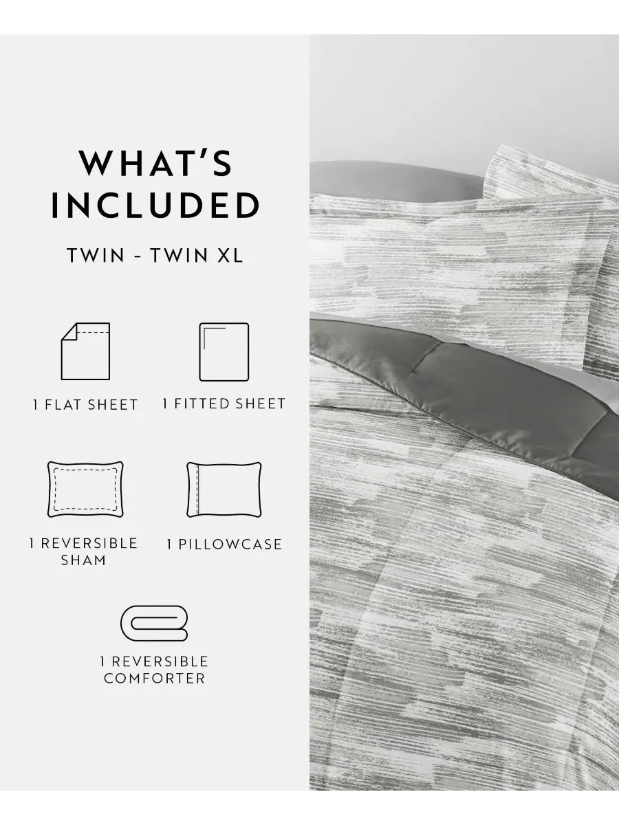 Комплект постельного белья 5 предметов с узором, Twin, модель Bedding Bundle ienjoy Home — изображение 6 из 11, серый