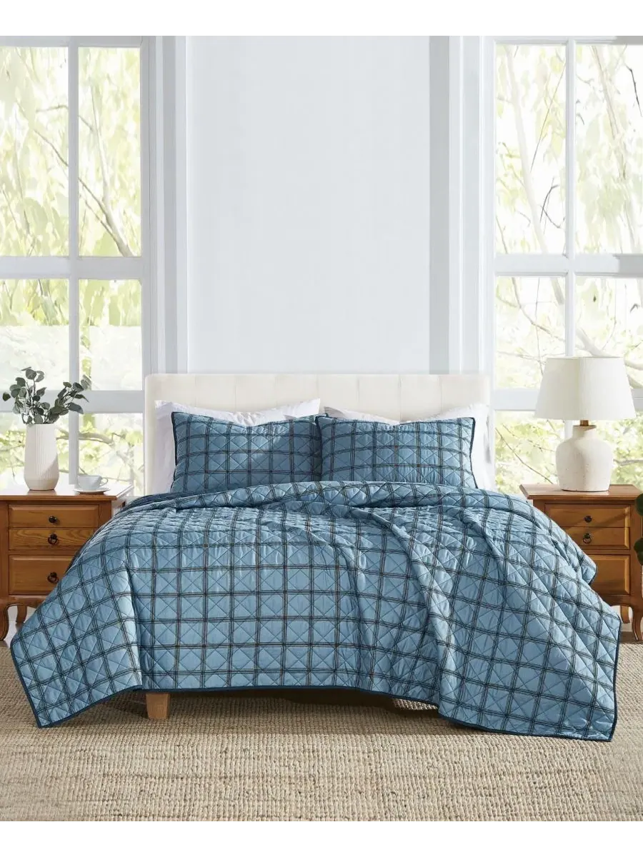 Комплект стеганого покрывала Luka Grid Plaid, 3 предмета, King Cannon — синий