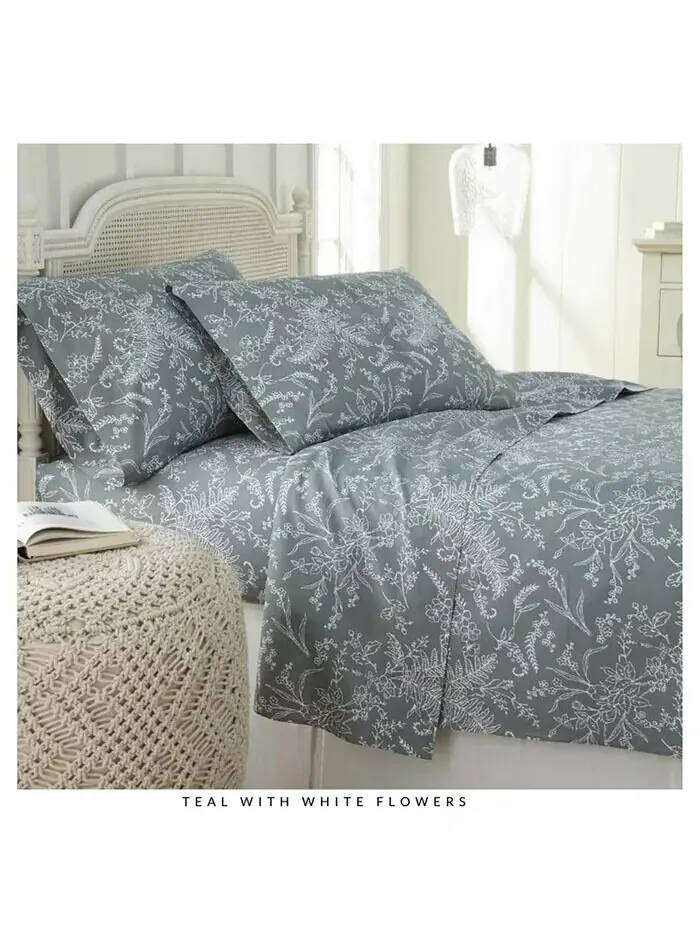 Набор простыней из 4 предметов с цветочным принтом Winter Brush Southshore Fine Linens — изображение 1 из 3, бирюзовый