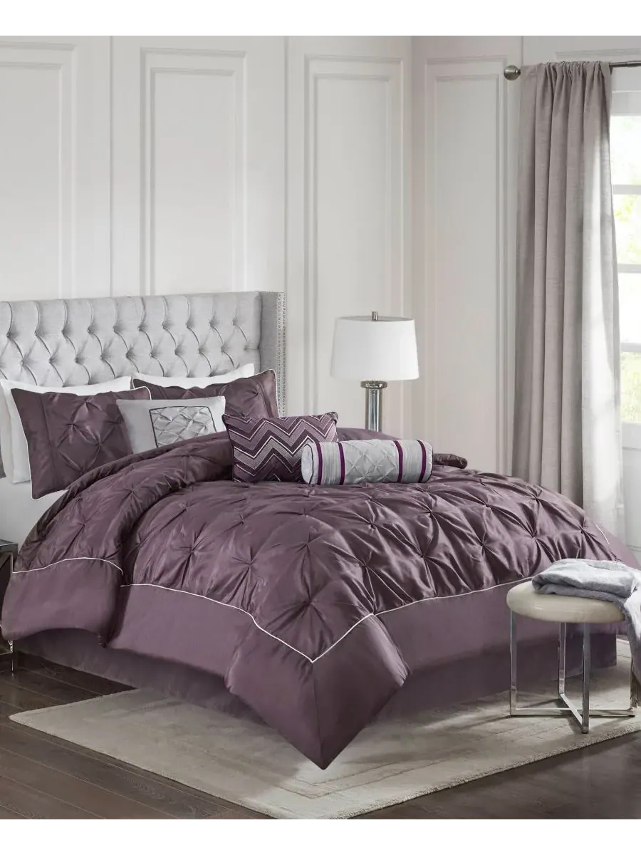 Комплект постельного белья Laurel Tufted из 7 предметов, размер Queen Madison Park, сливовый — изображение 2 из 10, сливавый