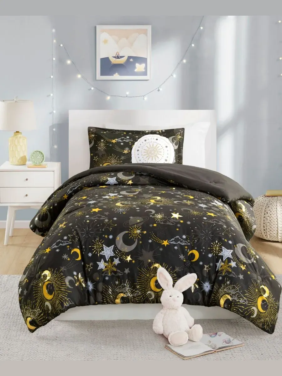 Комплект постельного белья Intelligent Design Celia Starry Sky Metallic из 3 предметов, размер Twin — золотистый