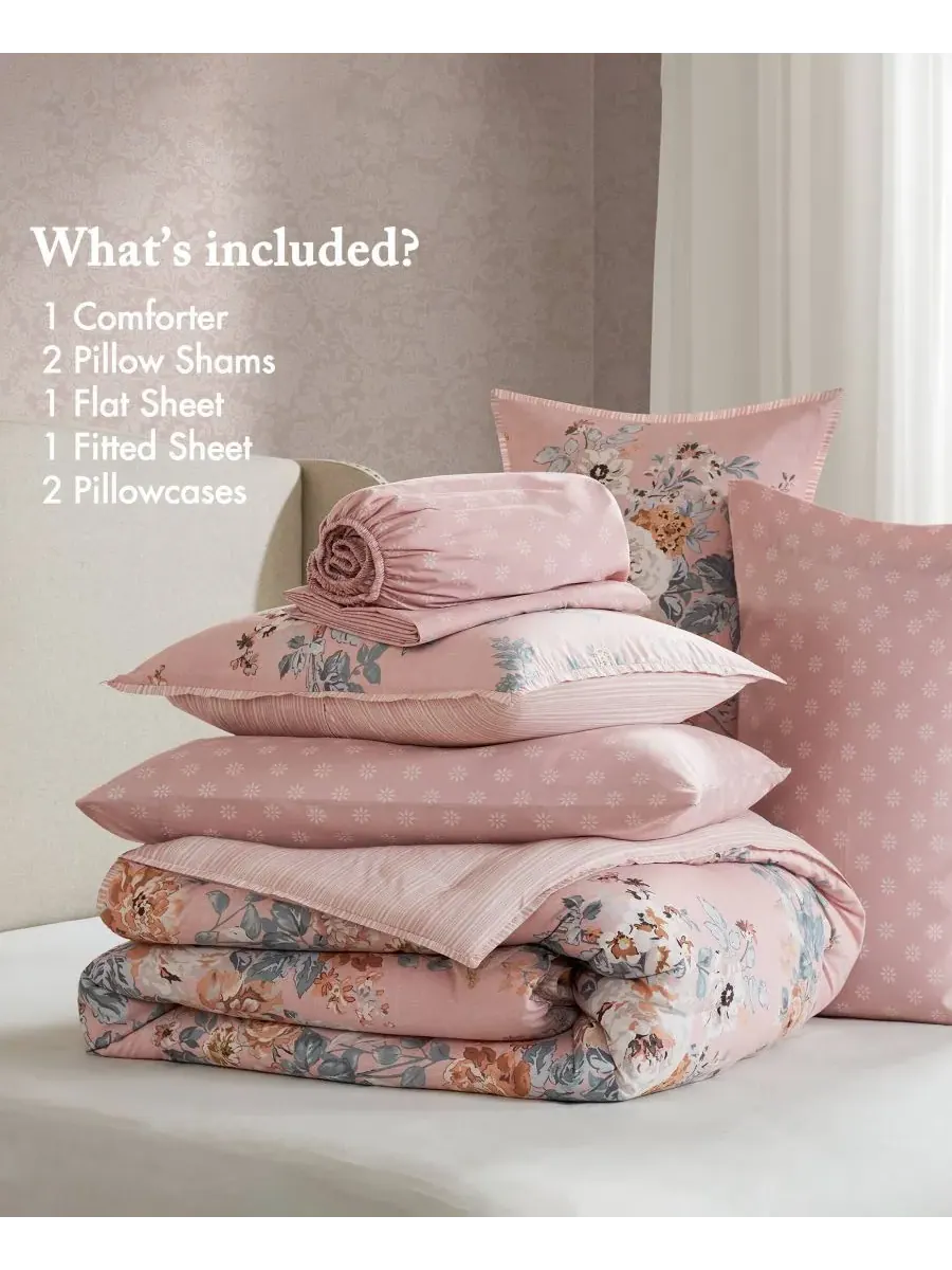 Комплект постельного белья Heather Vintage Floral, 5 предметов, размер Twin XL Madison Park — изображение 6 из 10, розовый