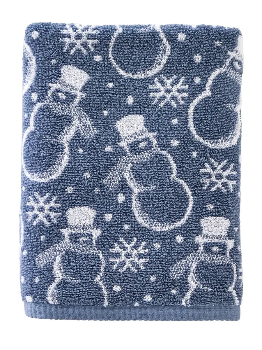 Махровое банное полотенце с жаккардовым узором снеговика Top Hat Snowman SKL Home — синий