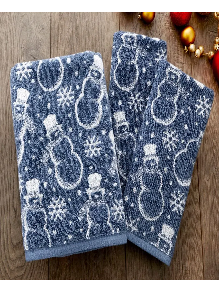 Махровое банное полотенце с жаккардовым узором снеговика Top Hat Snowman SKL Home — изображение 6 из 6, синий