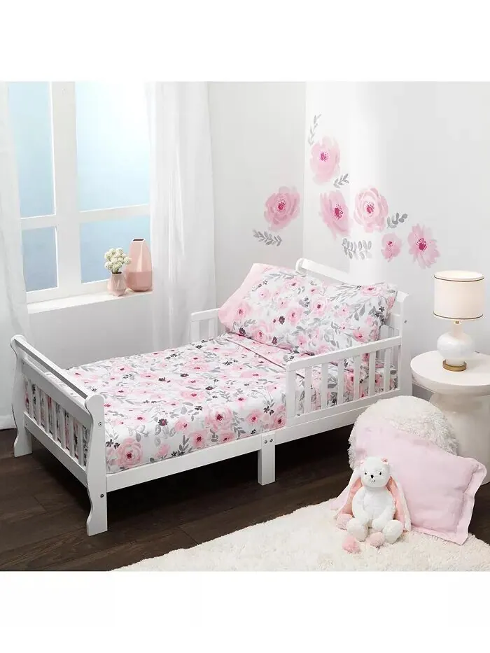 Комплект постельного белья Toddler Blossom из 4 предметов розового/серого цвета с акварельным — розовый