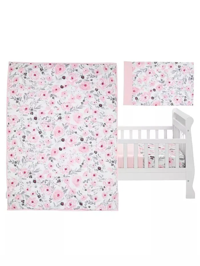 Комплект постельного белья Toddler Blossom из 4 предметов розового/серого цвета с акварельным — изображение 2 из 5, розовый