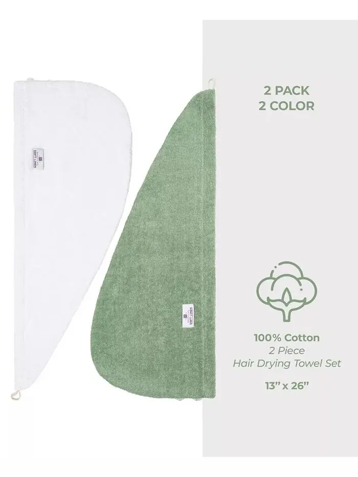 Набор полотенец American Soft Linen для сушки волос в упаковке, 2 шт — изображение 4 из 6, зеленый