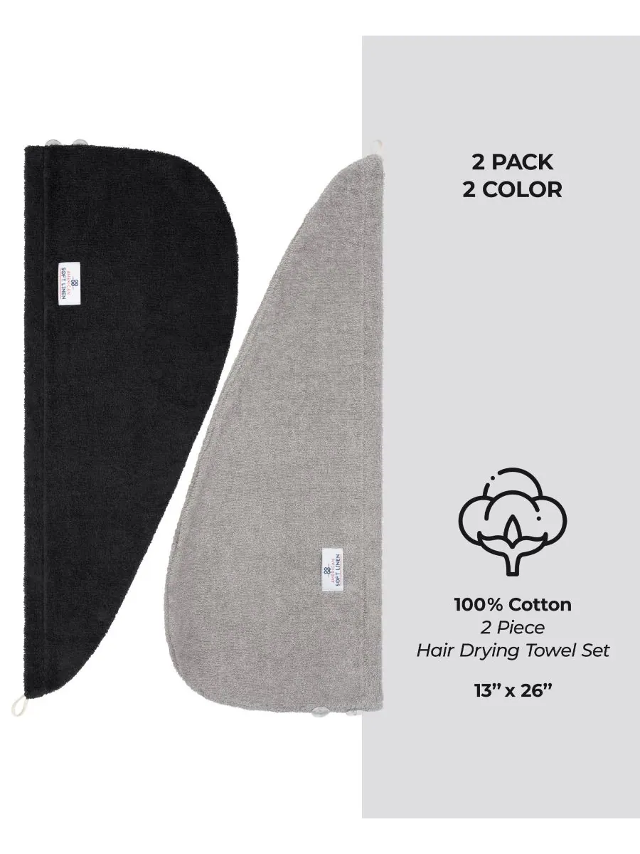 Набор из 2 полотенец для сушки волос, 60 см x 33 см American Soft Linen — изображение 5 из 7, черный-серый