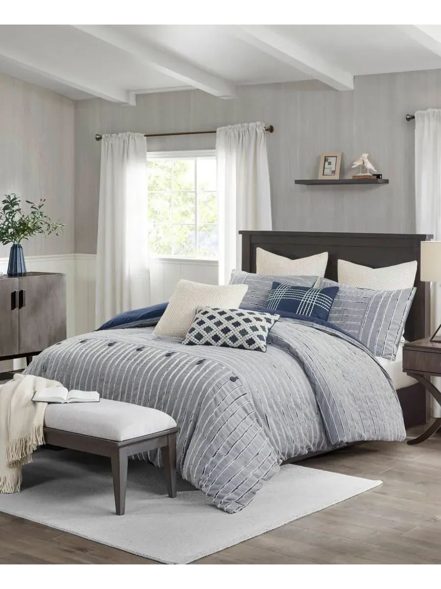 Комплект постельного белья Essence Clipped Jacquard, 10 предметов, размер King Madison Park — изображение 2 из 10, синий