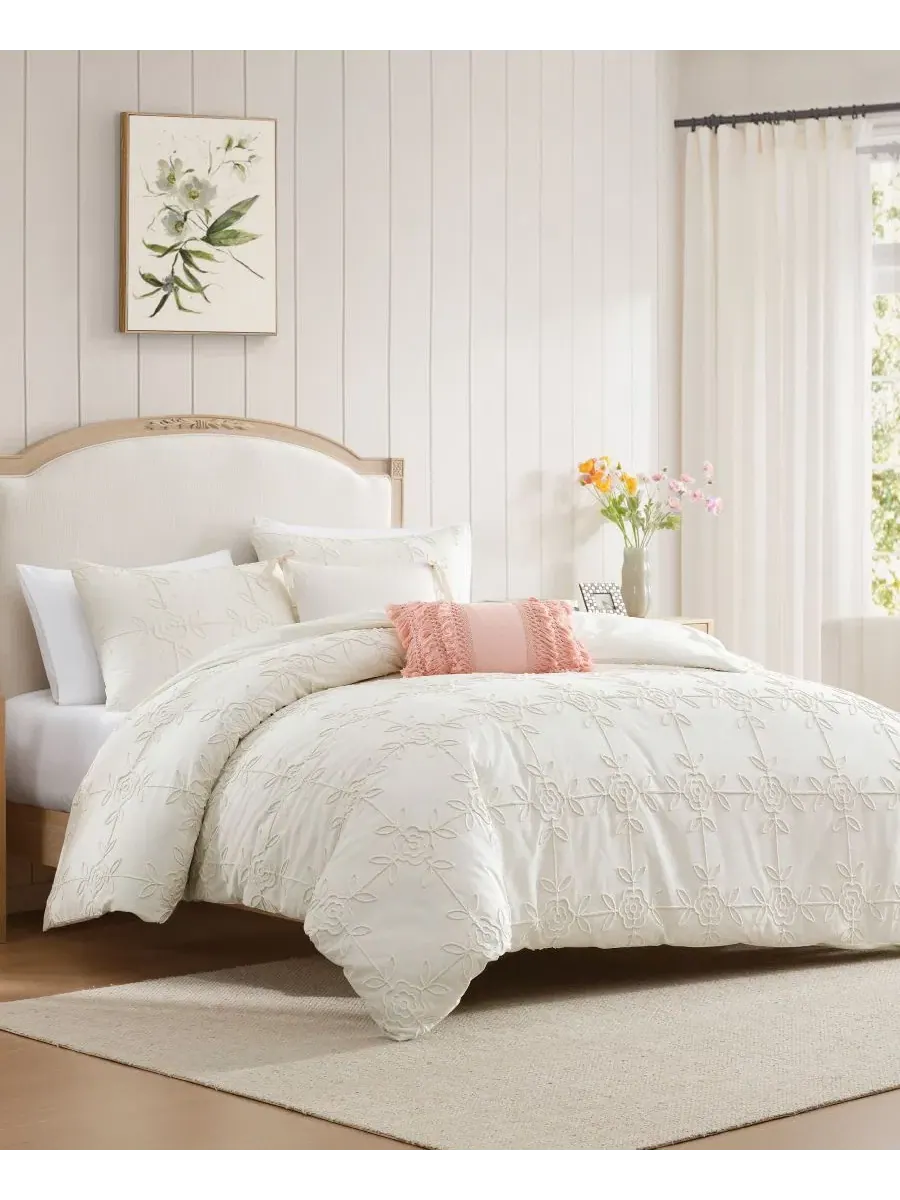 Комплект постельного белья с вышивкой шенилл Trellis Rose Peri Home — изображение 3 из 7, белый