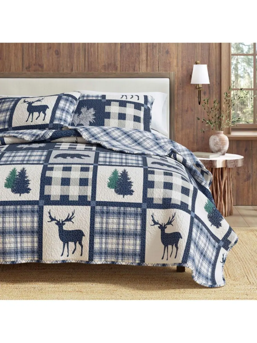 Комплект постельного белья Rustic Lodge All-Season из 3 предметов Linery & Co — изображение 1 из 8, темно-синий/серый