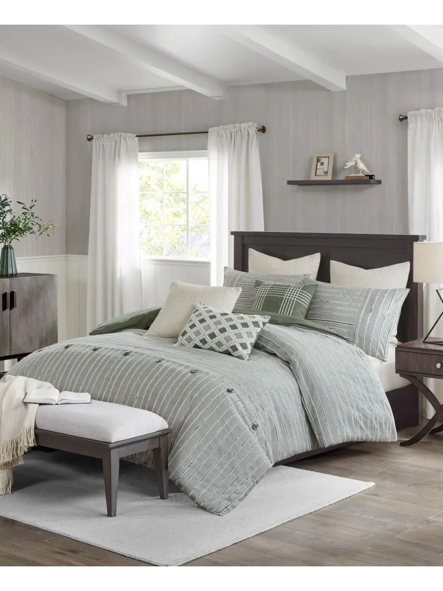 Комплект постельного белья Essence Clipped Jacquard, 9 предметов, размер Queen Madison Park — изображение 10 из 10, зеленый
