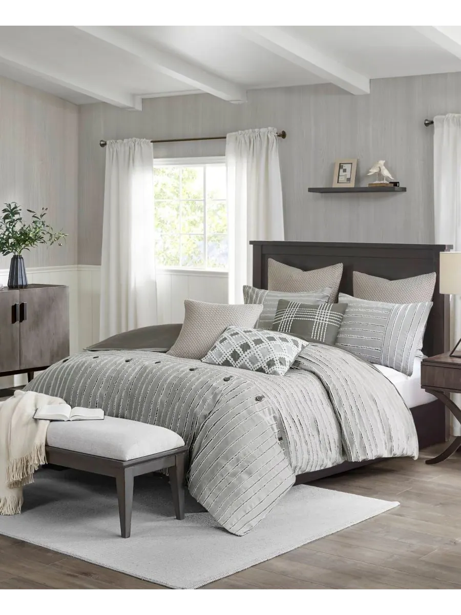 Комплект постельного белья Essence Clipped Jacquard, 9 предметов, размер Queen Madison Park — изображение 2 из 10, серый