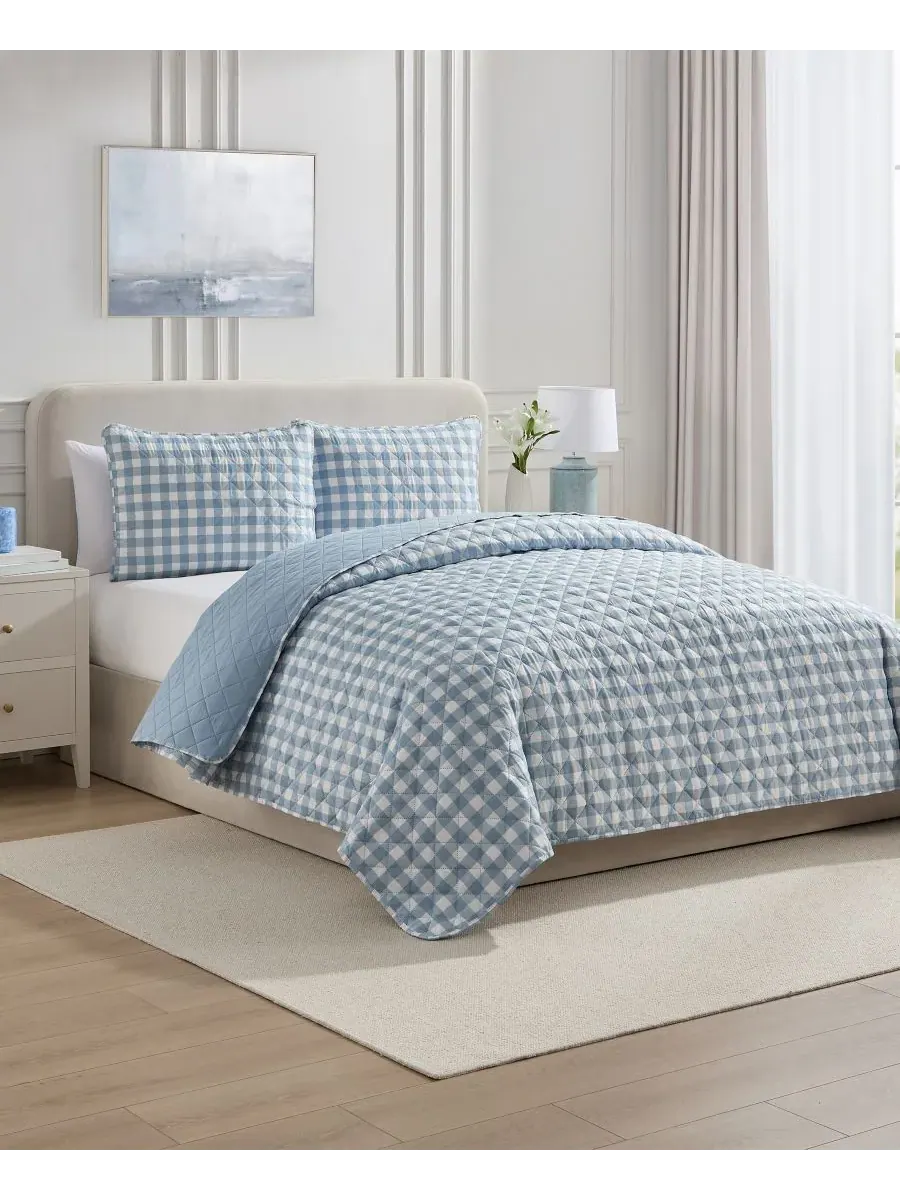 Комплекты стеганых одеял из микрофибры в клетку Vcny Home — изображение 2 из 6, синий