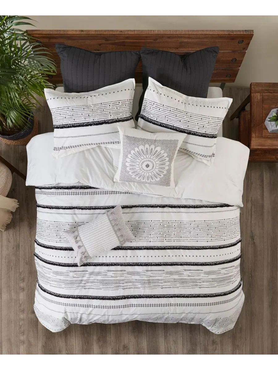 Комплект постельного белья Nea Boho Stripe из 3 предметов, размер Full/Queen Ink+Ivy — изображение 9 из 9, черный белый