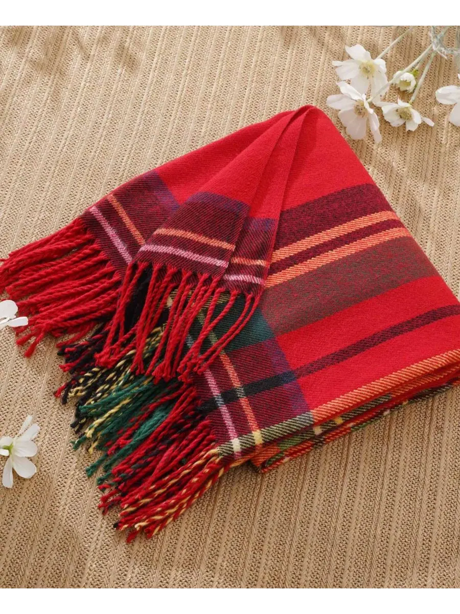 Плед из окрашенной пряжи в клетку с бахромой, 152 x 127 см Happycare Textiles — изображение 5 из 5, красный