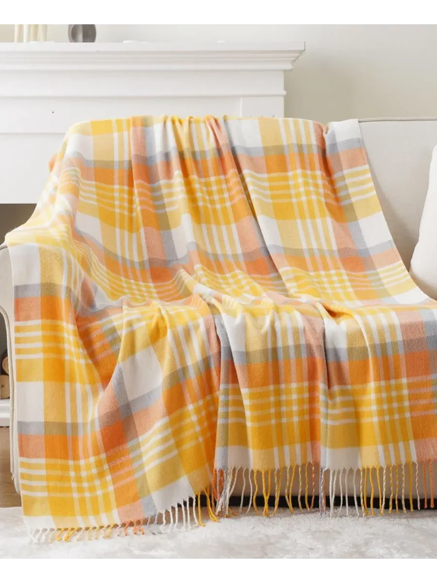 Плед из окрашенной пряжи в клетку с бахромой, 152 x 127 см Happycare Textiles — желтый