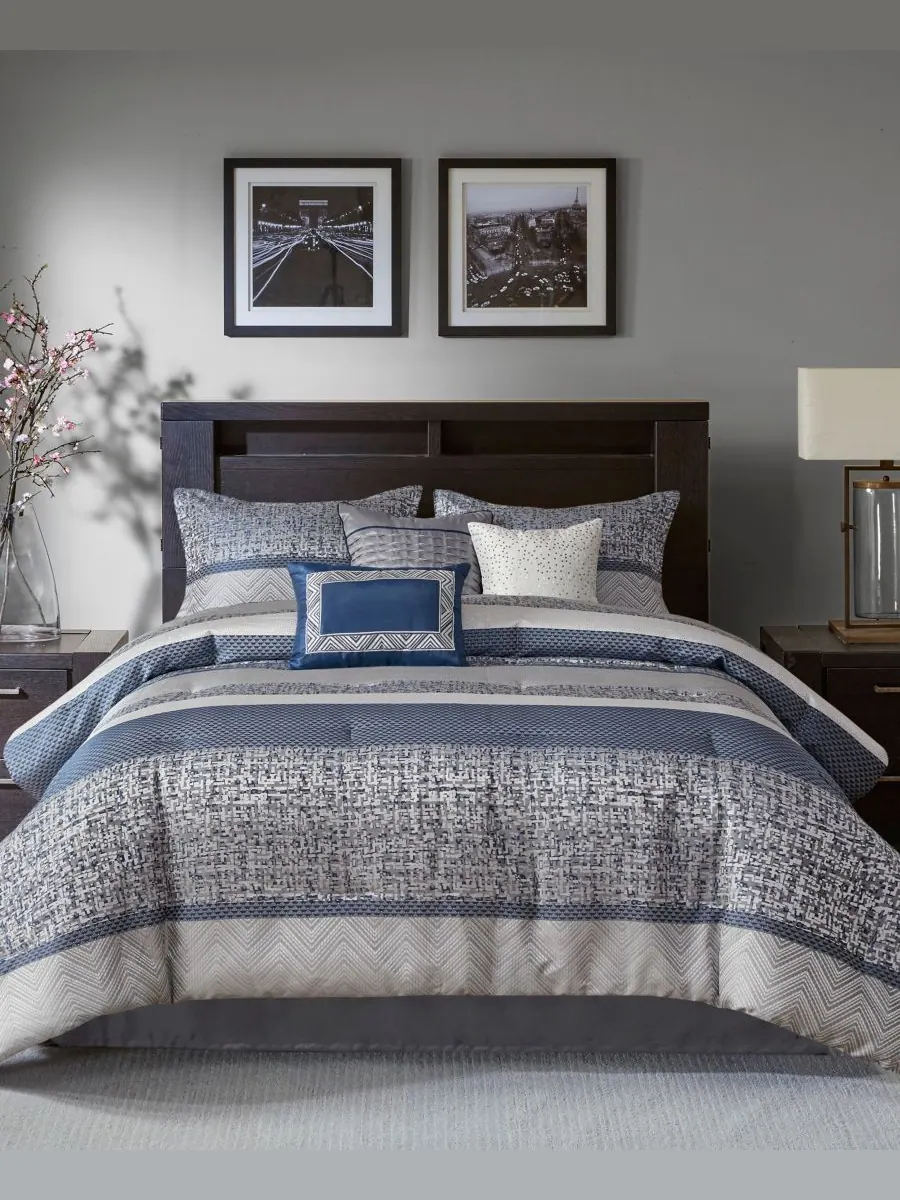Комплект постельного белья Rhapsody Jacquard из 7 предметов, размер King Madison Park — изображение 1 из 10, темно-синий