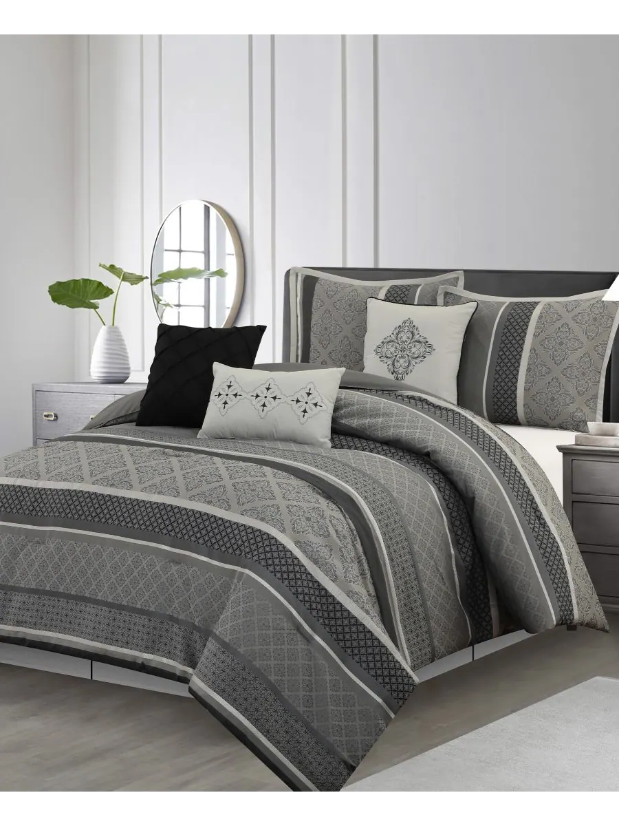 Комплект постельного белья Tefia Jacquard Damask из 7 предметов, размер California King Stratford — изображение 1 из 7, серый