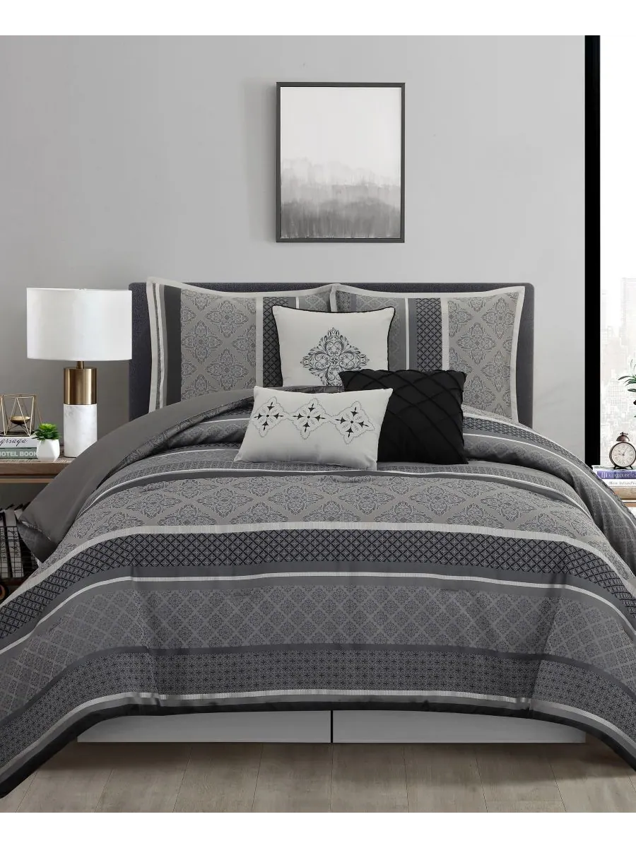 Комплект постельного белья Tefia Jacquard Damask из 7 предметов, размер California King Stratford — изображение 6 из 7, серый