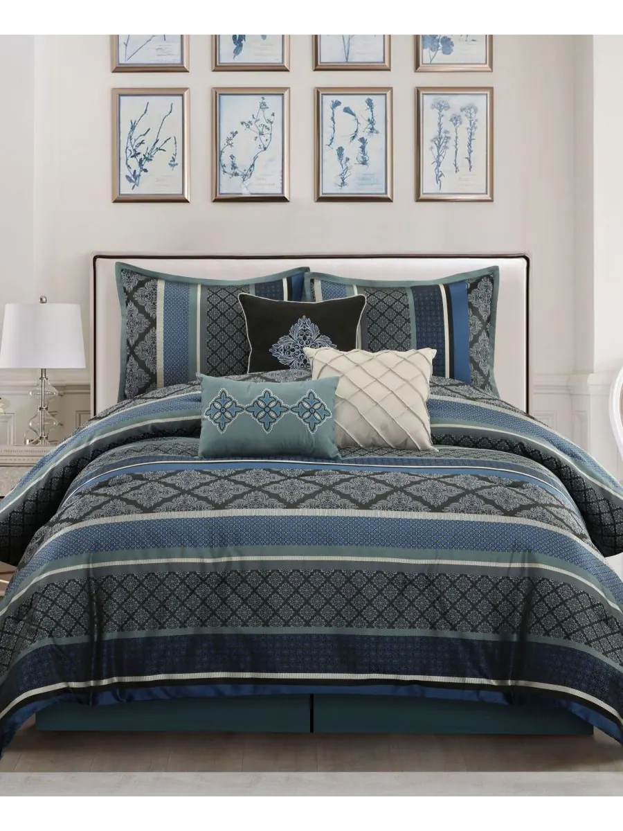 Комплект постельного белья Tefia Jacquard Damask из 7 предметов, размер California King Stratford — изображение 2 из 5, синий